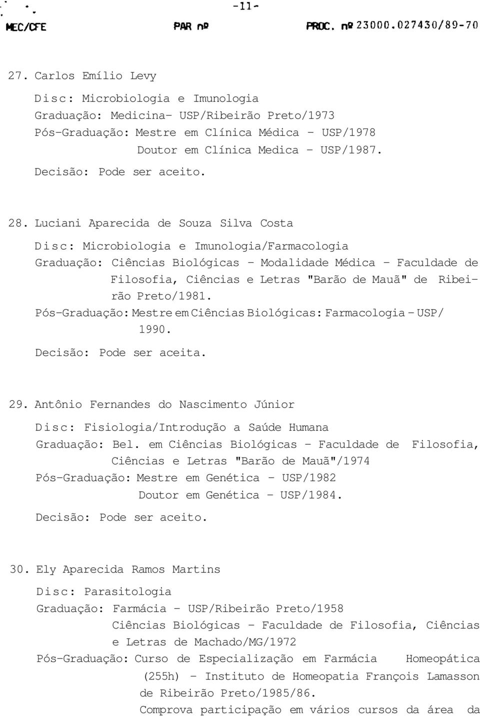 Ribeirão Preto/1981. Pós-Graduação: Mestre em Ciências Biológicas: Farmacologia - USP/ 1990. Decisão: Pode ser aceita. 29.