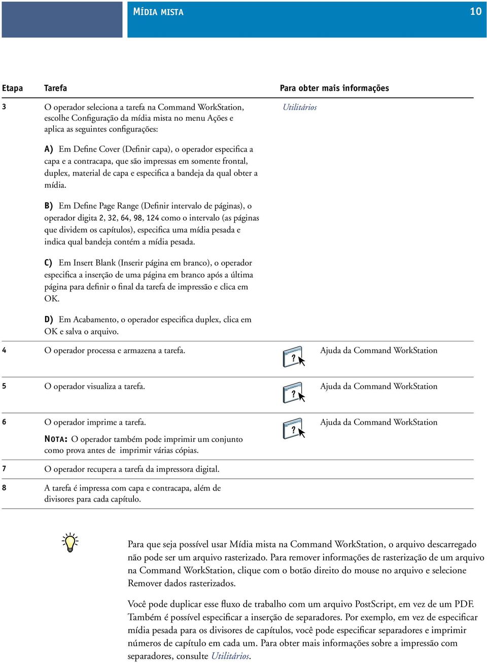 B) Em Define Page Range (Definir intervalo de páginas), o operador digita 2, 32, 64, 98, 124 como o intervalo (as páginas que dividem os capítulos), especifica uma mídia pesada e indica qual bandeja