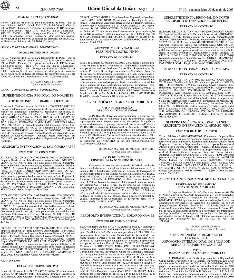 Edital: 0/05/2005 de 08h0 às 11h0 e de 1h às 15h15. Endereço: Aeroporto Internacional do RJ/GaleãoAntonio Carlos Jobim - Prédio UAC - sala 542 Ilha do Governador - RIO DE JANEIRO - RJ.