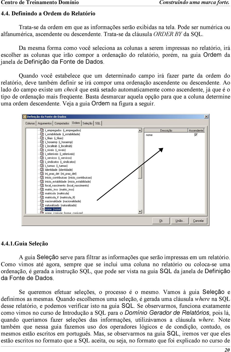 Dados. Quando você estabelece que um determinado campo irá fazer parte da ordem do relatório, deve também definir se irá compor uma ordenação ascendente ou descendente.