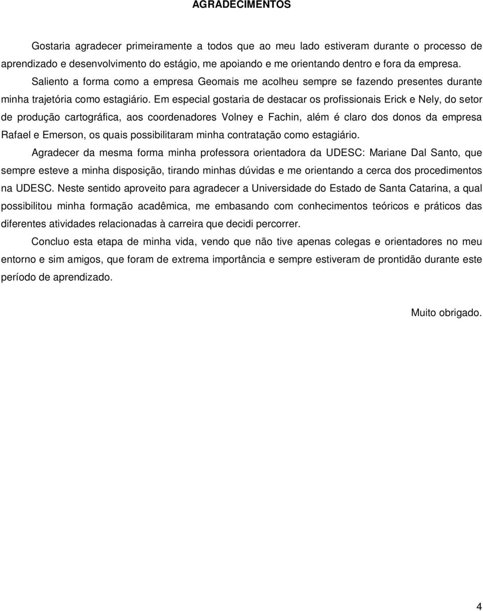 Em especial gostaria de destacar os profissionais Erick e Nely, do setor de produção cartográfica, aos coordenadores Volney e Fachin, além é claro dos donos da empresa Rafael e Emerson, os quais