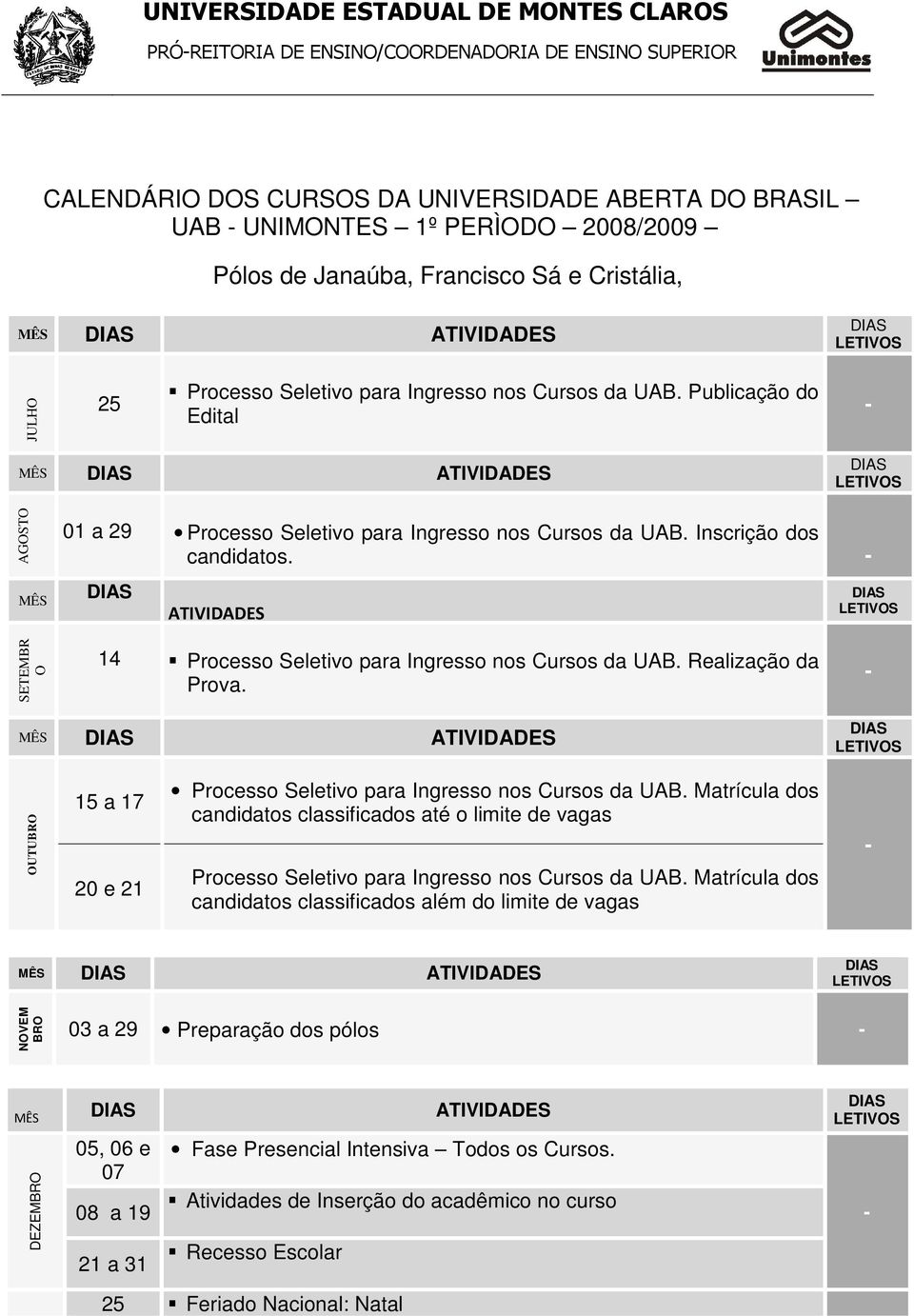 Inscrição dos candidatos. ATIVIDADES SETEMBR O14 Processo Seletivo para Ingresso nos Cursos da UAB. Realização da Prova.