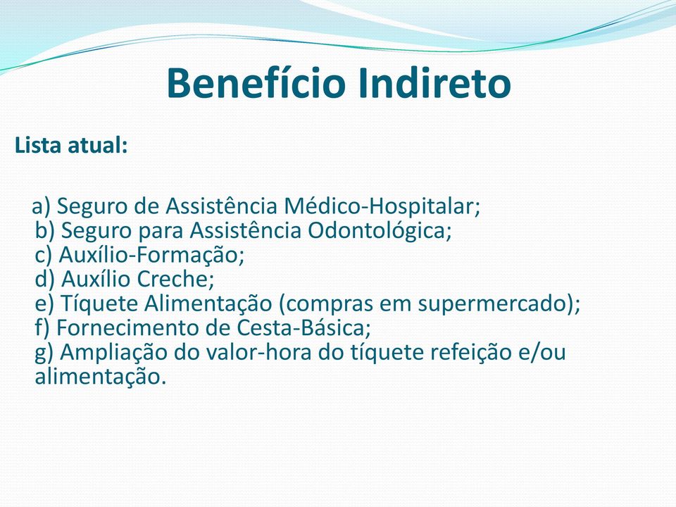 Creche; e) Tíquete Alimentação (compras em supermercado); f) Fornecimento