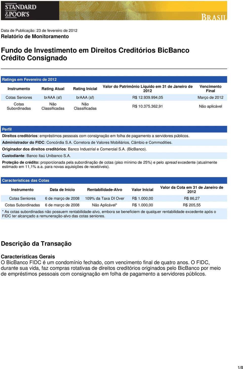 994,05 Março de 2012 Cotas Subordinadas Não Classificadas Não Classificadas R$ 10.375.