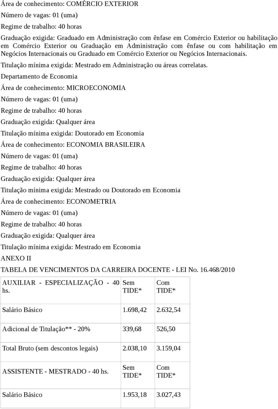 Departamento de Economia Área de conhecimento: MICROECONOMIA Graduação exigida: Qualquer área Titulação mínima exigida: Doutorado em Economia Área de conhecimento: ECONOMIA BRASILEIRA Graduação