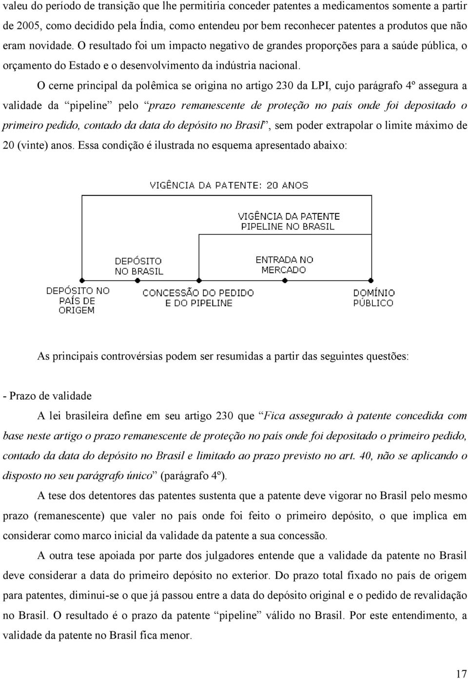 O cerne principal da polêmica se origina no artigo 230 da LPI, cujo parágrafo 4º assegura a validade da pipeline pelo prazo remanescente de proteção no país onde foi depositado o primeiro pedido,