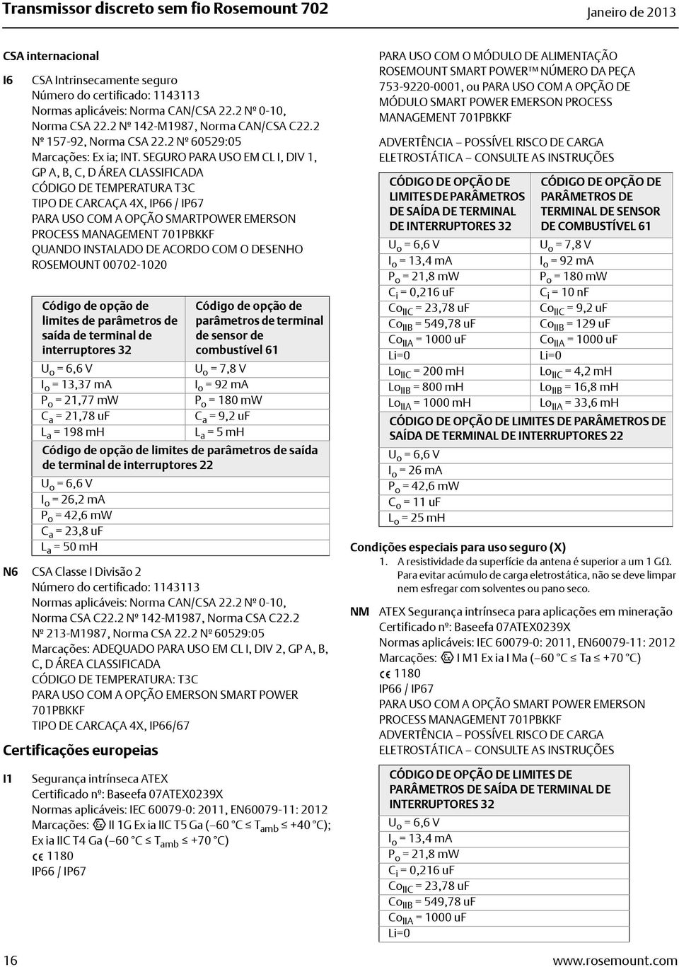 SEGURO PARA USO EM CL I, DIV 1, GP A, B, C, D ÁREA CLASSIFICADA CÓDIGO DE TEMPERATURA T3C TIPO DE CARCAÇA 4X, IP66 / IP67 PARA USO COM A OPÇÃO SMARTPOWER EMERSON PROCESS MANAGEMENT 701PBKKF QUANDO