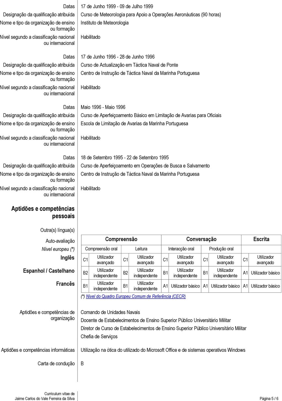 para Oficiais Escola de Limitação de Avarias da Datas 18 de Setembro 1995-22 de Setembro 1995 Curso de Aperfeiçoamento em Operações de Busca e Salvamento Centro de Instrução de Táctica Naval da