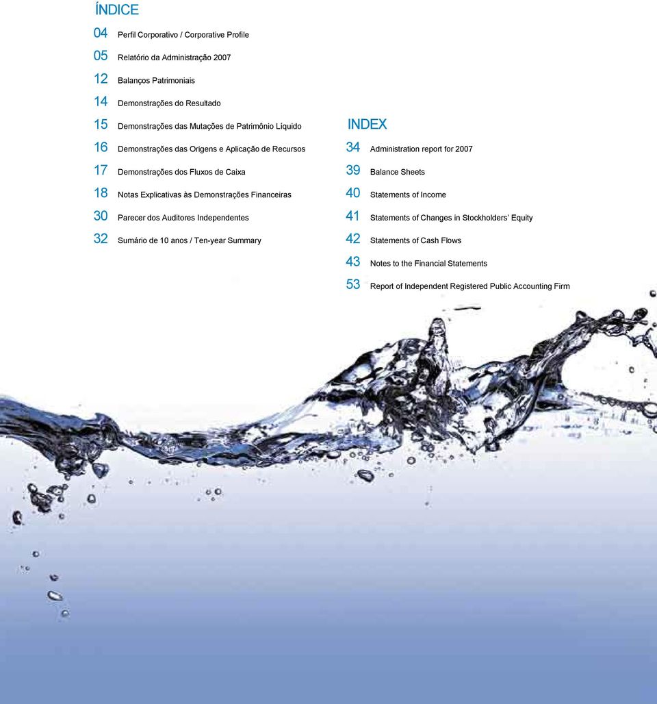 Notas Explicativas às Demonstrações Financeiras Parecer dos Auditores Independentes Sumário de 10 anos / Ten-year Summary INDEX 39 40 41 42 43 53 Balance Sheets