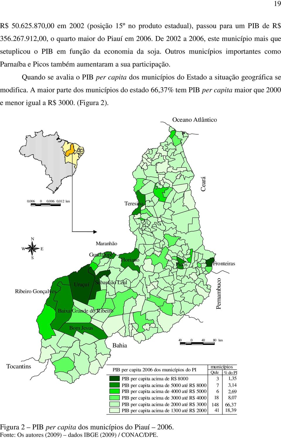 Quando se avalia o PIB per capita dos municípios do Estado a situação geográfica se modifica. A maior parte dos municípios do estado 66,37% tem PIB per capita maior que 2000 e menor igual a R$ 3000.