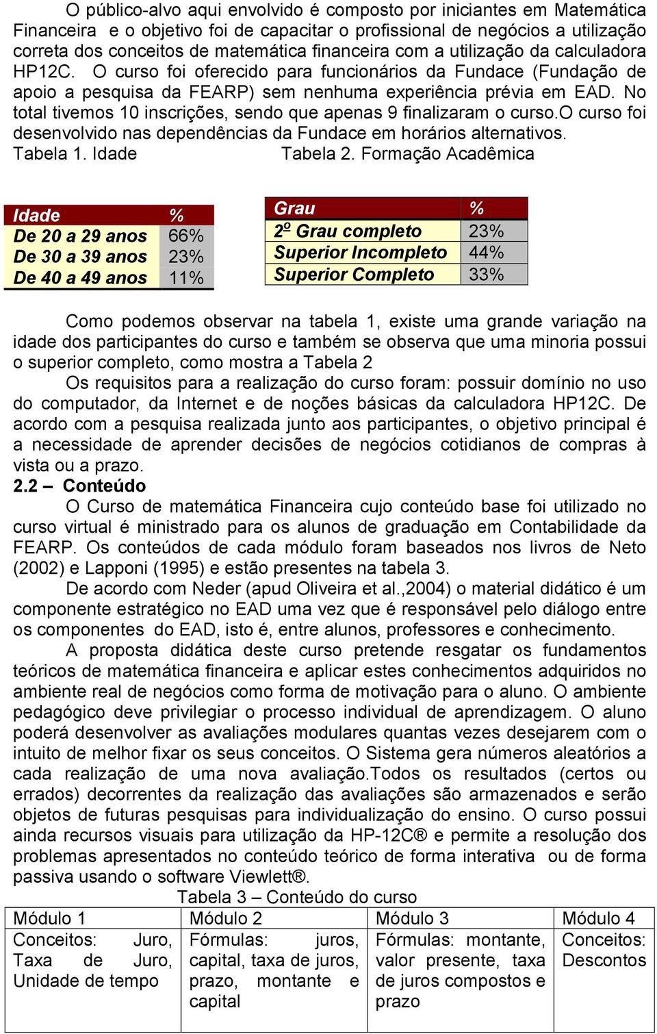 No total tivemos 10 inscrições, sendo que apenas 9 finalizaram o curso.o curso foi desenvolvido nas dependências da Fundace em horários alternativos. Tabela 1. Idade Tabela 2.