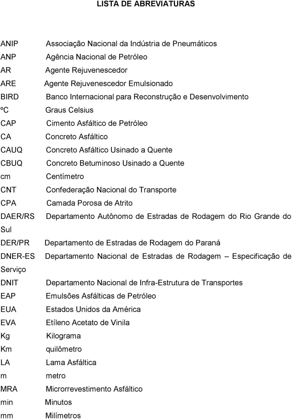 Centímetro CNT Confederação Nacional do Transporte CPA Camada Porosa de Atrito DAER/RS Departamento Autônomo de Estradas de Rodagem do Rio Grande do Sul DER/PR Departamento de Estradas de Rodagem do