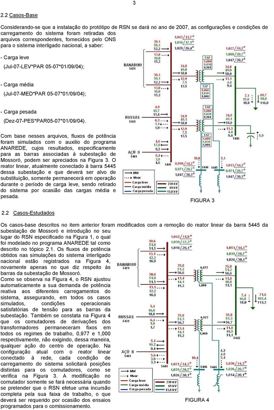 Com base esses arquivos, fluxos de potêcia foram simulados com o auxilio do programa ANAREDE, cujos resultados, especificamete para as barras associadas à subestação de Mossoró, podem ser apreciados