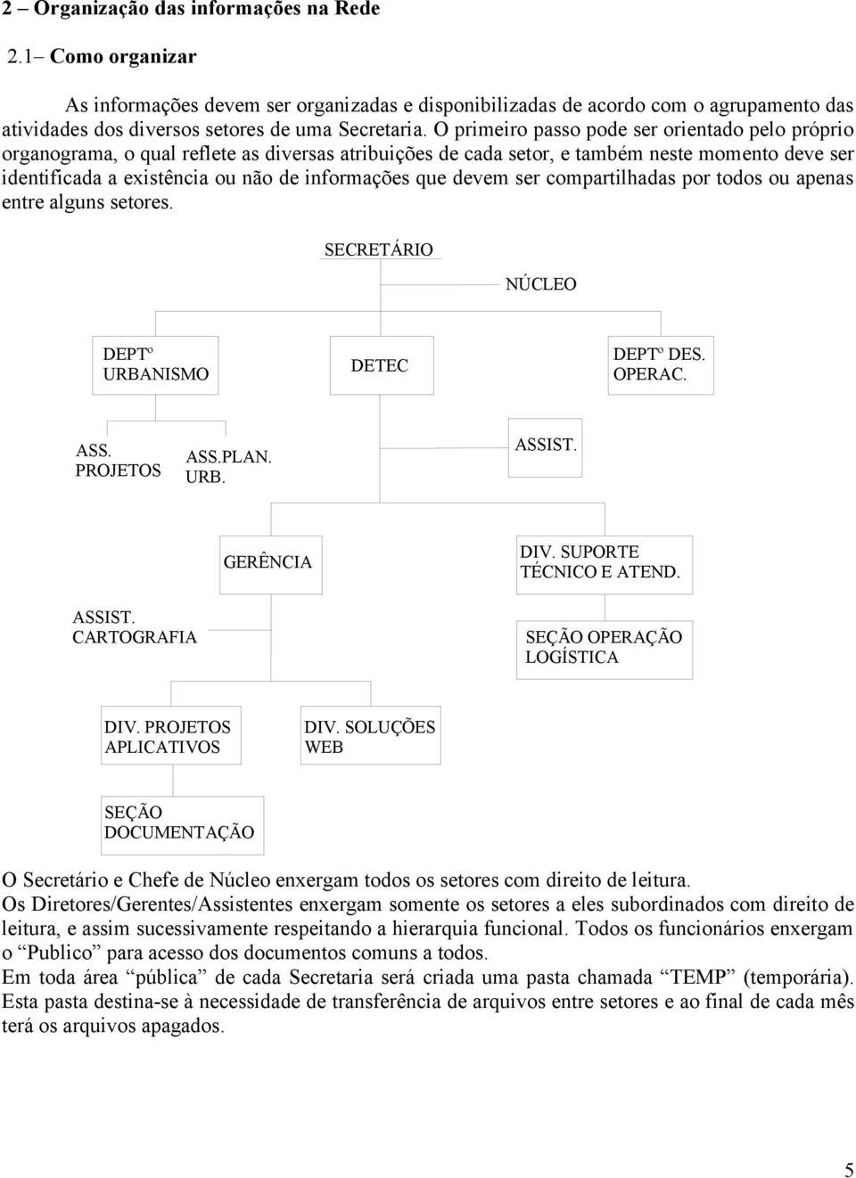 devem ser compartilhadas por todos ou apenas entre alguns setores. SECRETÁRIO NÚCLEO DEPTº URBANISMO DETEC DEPTº DES. OPERAC. ASS. PROJETOS ASS.PLAN. URB. ASSIST. GERÊNCIA DIV.