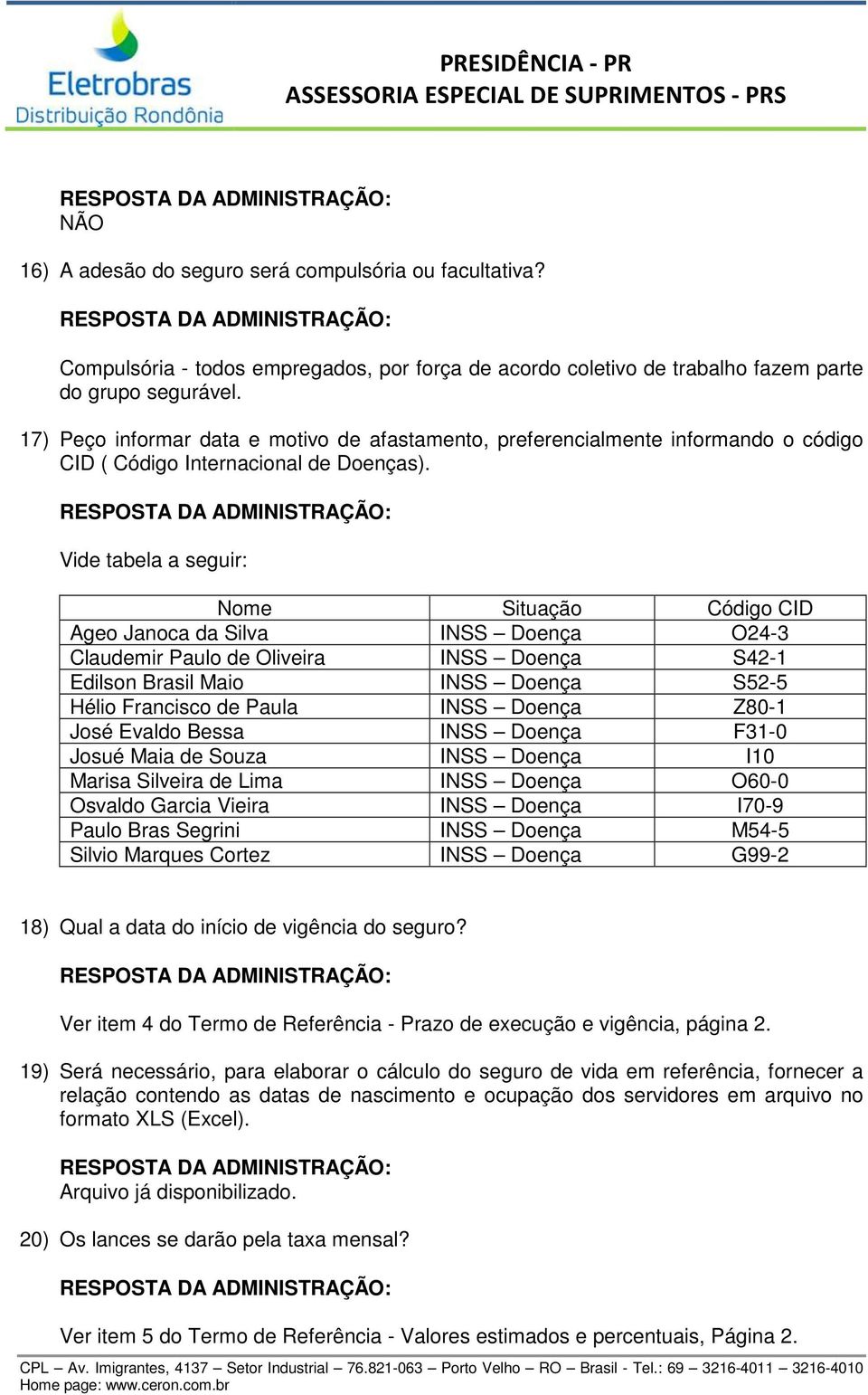 Vide tabela a seguir: Nome Situação Código CID Ageo Janoca da Silva INSS Doença O24-3 Claudemir Paulo de Oliveira INSS Doença S42-1 Edilson Brasil Maio INSS Doença S52-5 Hélio Francisco de Paula INSS