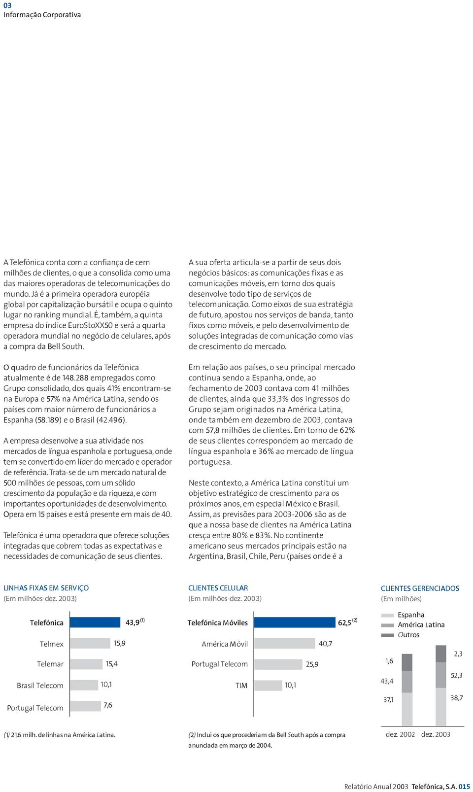 É, também, a quinta empresa do índice EuroStoXX50 e será a quarta operadora mundial no negócio de celulares, após a compra da Bell South. O quadro de funcionários da Telefónica atualmente é de 148.