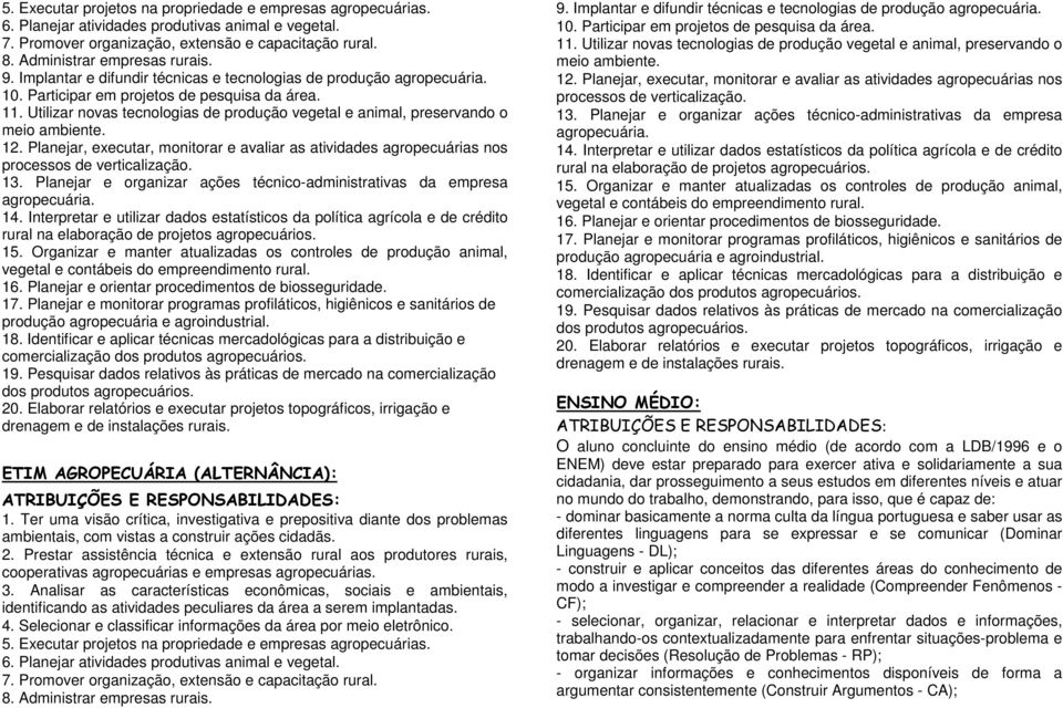 Utilizar novas tecnologias de produção vegetal e animal, preservando o meio ambiente. 12. Planejar, executar, monitorar e avaliar as atividades agropecuárias nos processos de verticalização. 13.