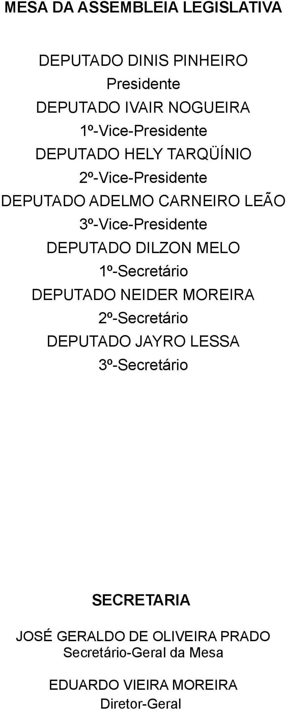 3º-Vice-Presidente DEPUTADO DILZON MELO 1º-Secretário DEPUTADO NEIDER MOREIRA 2º-Secretário DEPUTADO