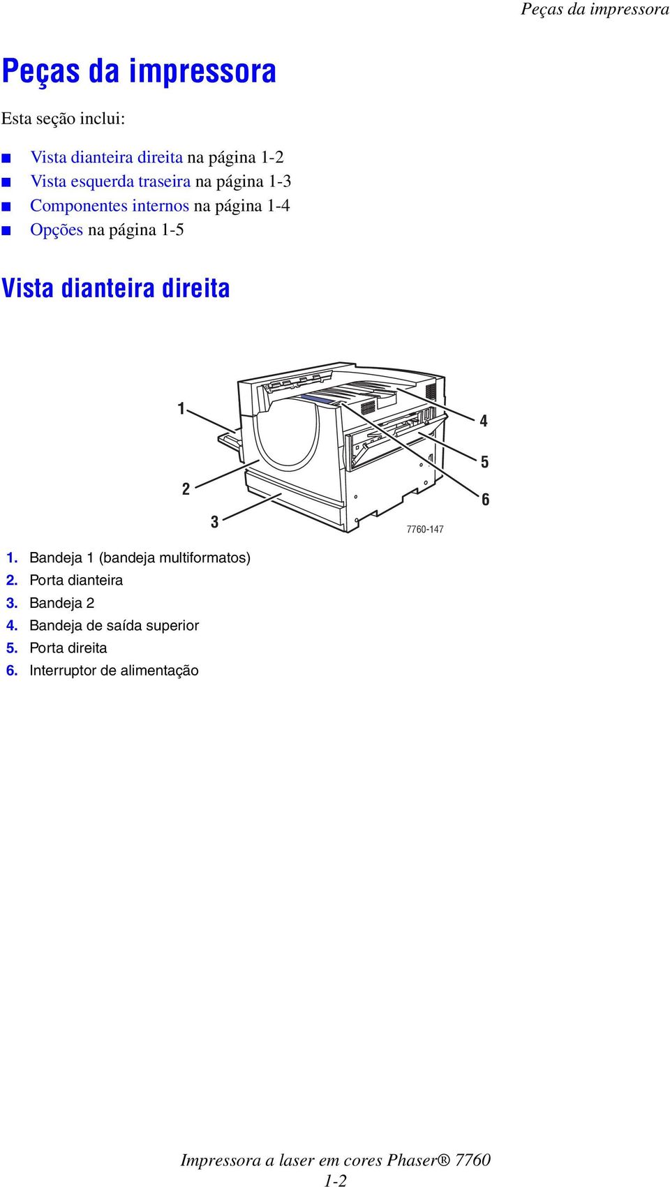 1-5 Vista dianteira direita 1 4 5 2 3 7760-147 6 1. Bandeja 1 (bandeja multiformatos) 2.