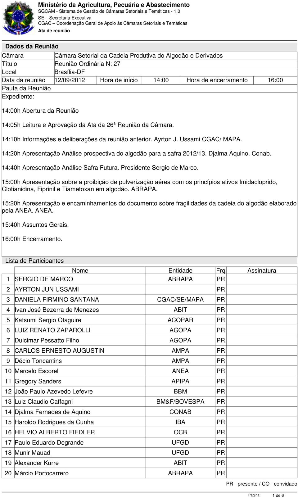 Ussami CGAC/ MAPA. 14:20h Apresentação Análise prospectiva do algodão para a safra 2012/13. Djalma Aquino. Conab. 14:40h Apresentação Análise Safra Futura. Presidente Sergio de Marco.