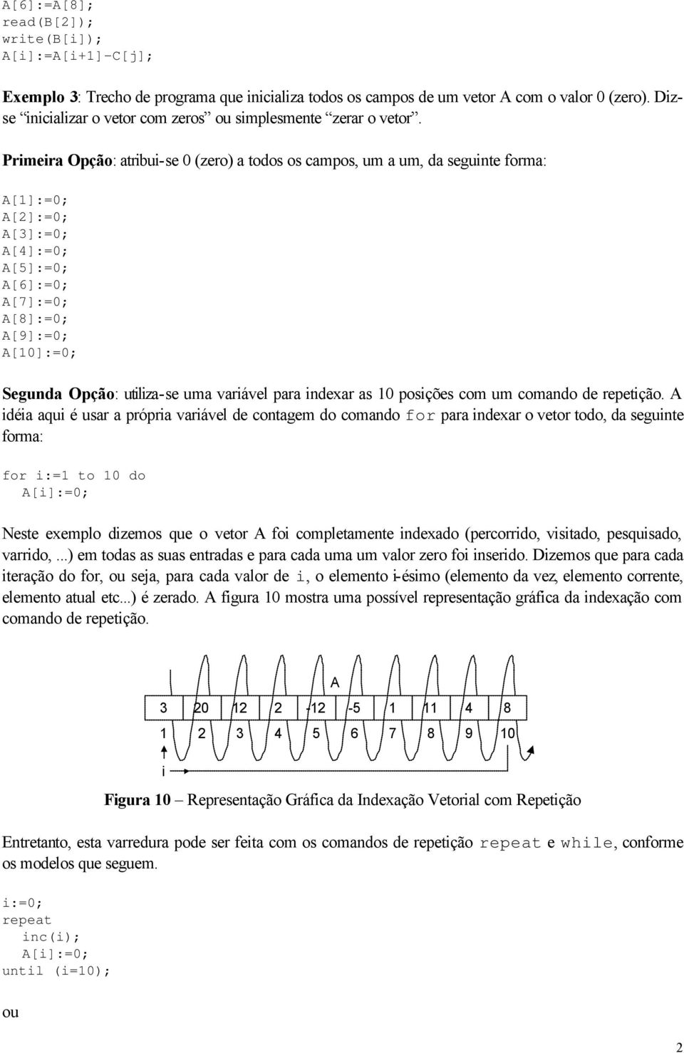 Prmera Opção: atrbu-se 0 (zero) a todos os campos, um a um, da segunte forma: A[1]:=0; A[2]:=0; A[3]:=0; A[4]:=0; A[5]:=0; A[6]:=0; A[7]:=0; A[8]:=0; A[9]:=0; A[10]:=0; Segunda Opção: utlza-se uma