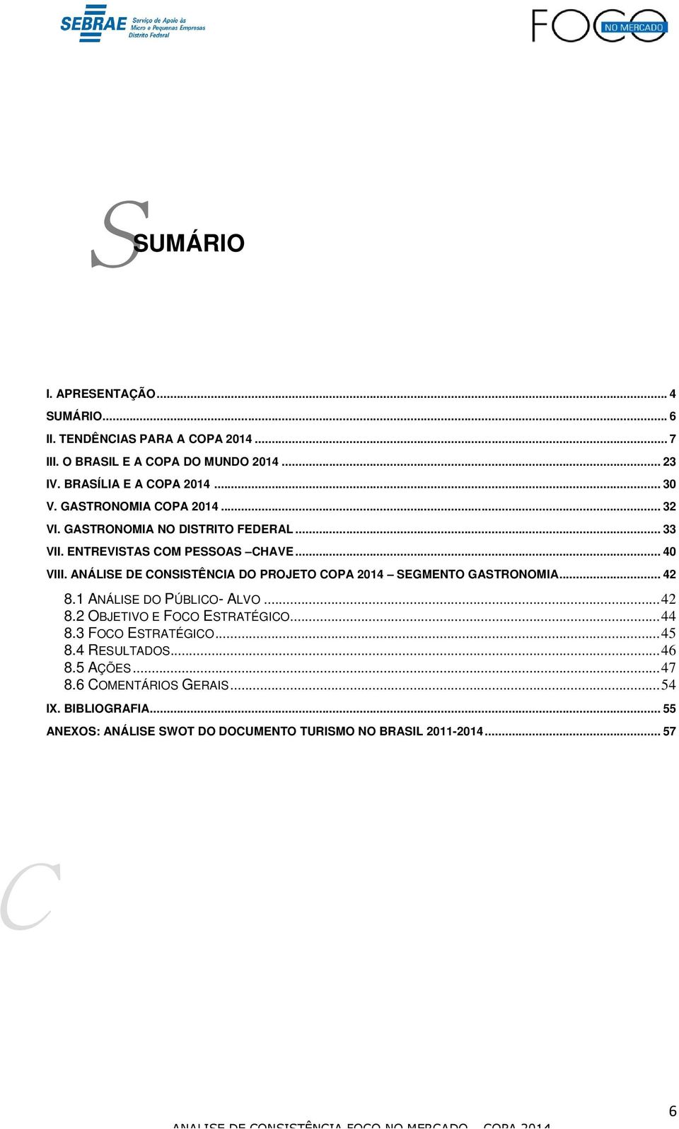 ANÁLISE DE CONSISTÊNCIA DO PROJETO COPA 2014 SEGMENTO GASTRONOMIA... 42 8.1 ANÁLISE DO PÚBLICO- ALVO... 42 8.2 OBJETIVO E FOCO ESTRATÉGICO... 44 8.