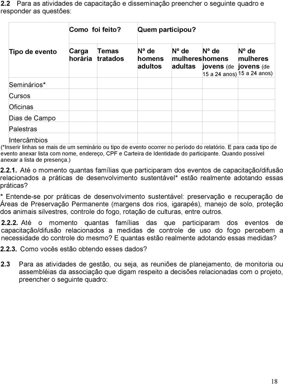 anos) 15 a 24 anos) Intercâmbios (*Inserir linhas se mais de um seminário ou tipo de evento ocorrer no período do relatório.