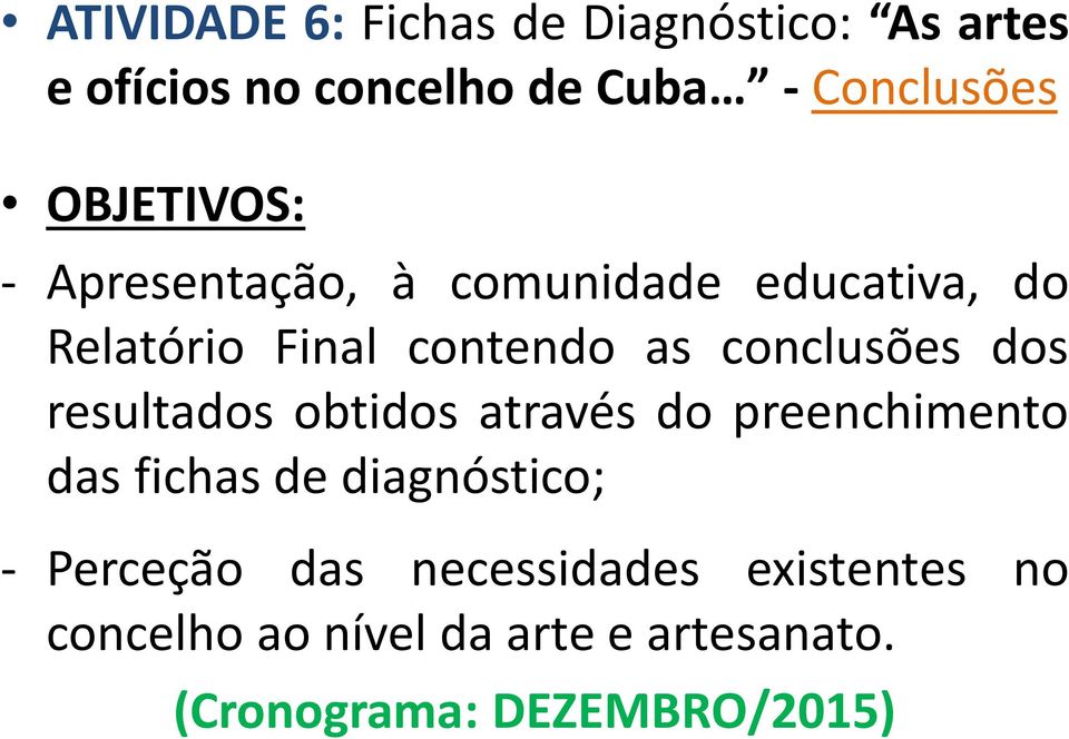 conclusões dos resultados obtidos através do preenchimento das fichas de diagnóstico; -