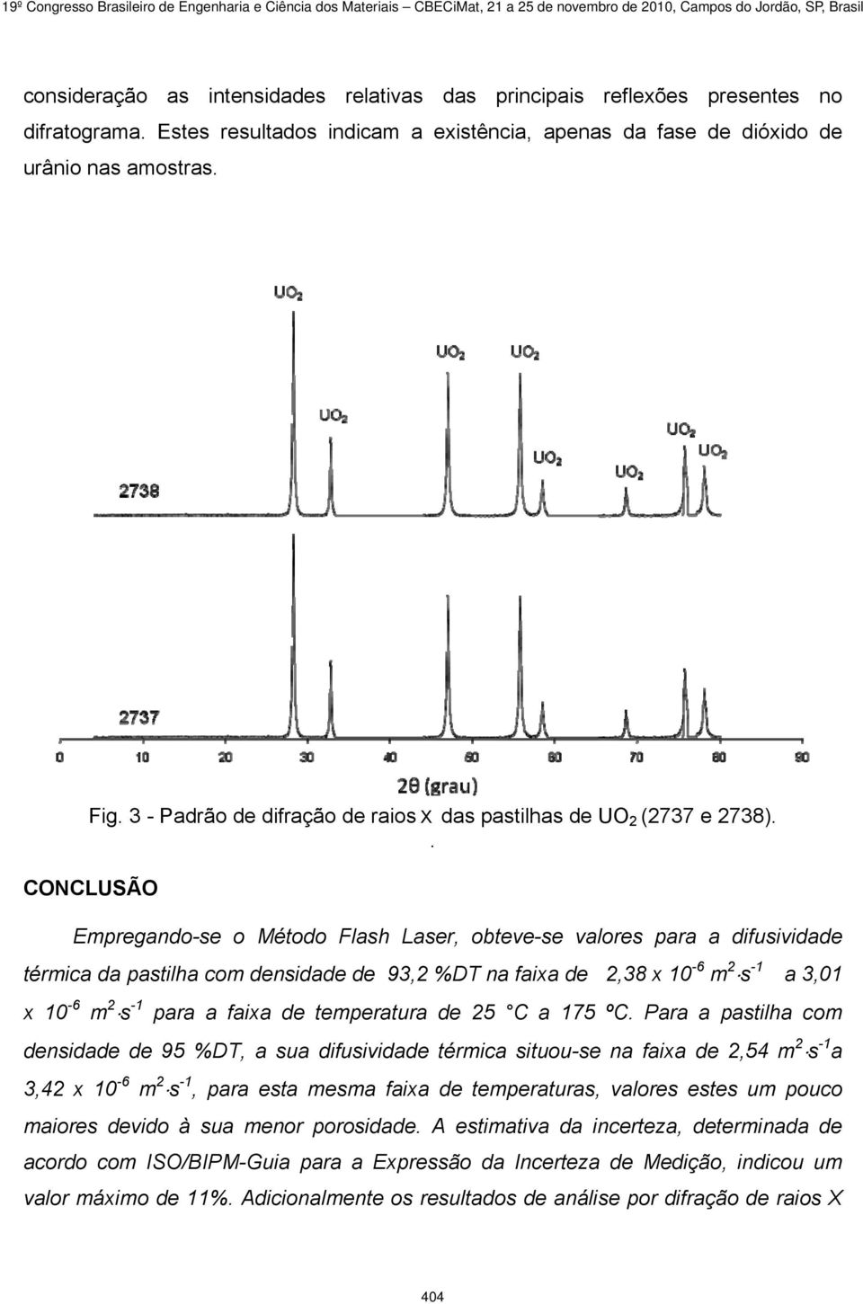 . CONCLUSÃO Empregando-se o Método Flash Laser, obteve-se valores para a difusividade térmica da pastilha com densidade de 93,2 %DT na faixa de 2,38 x 10-6 m 2 s -1 a 3,01 x 10-6 m 2 s -1 para a