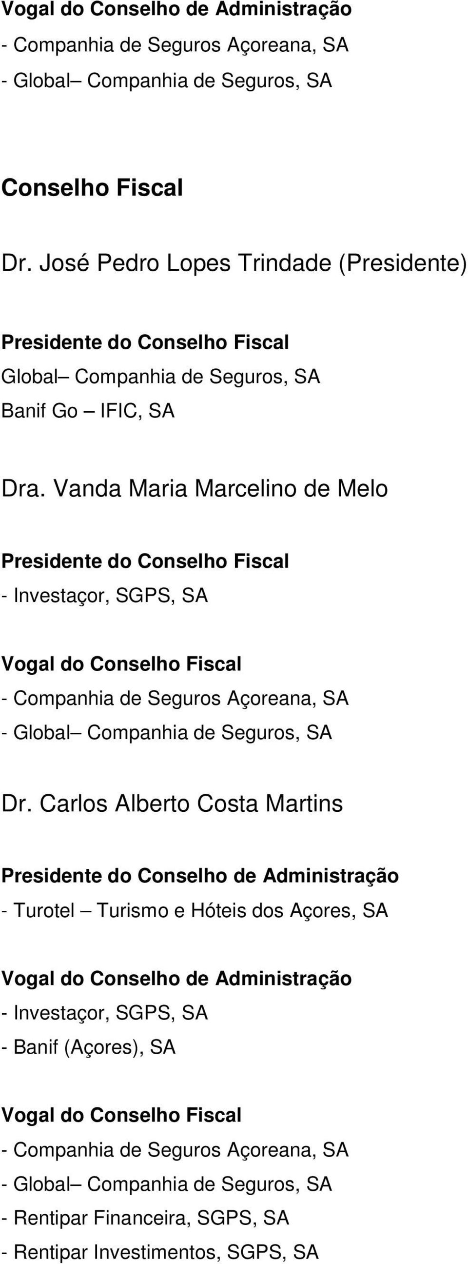 Vanda Maria Marcelino de Melo Presidente do Conselho Fiscal - Investaçor, SGPS, SA Vogal do  Carlos Alberto Costa Martins