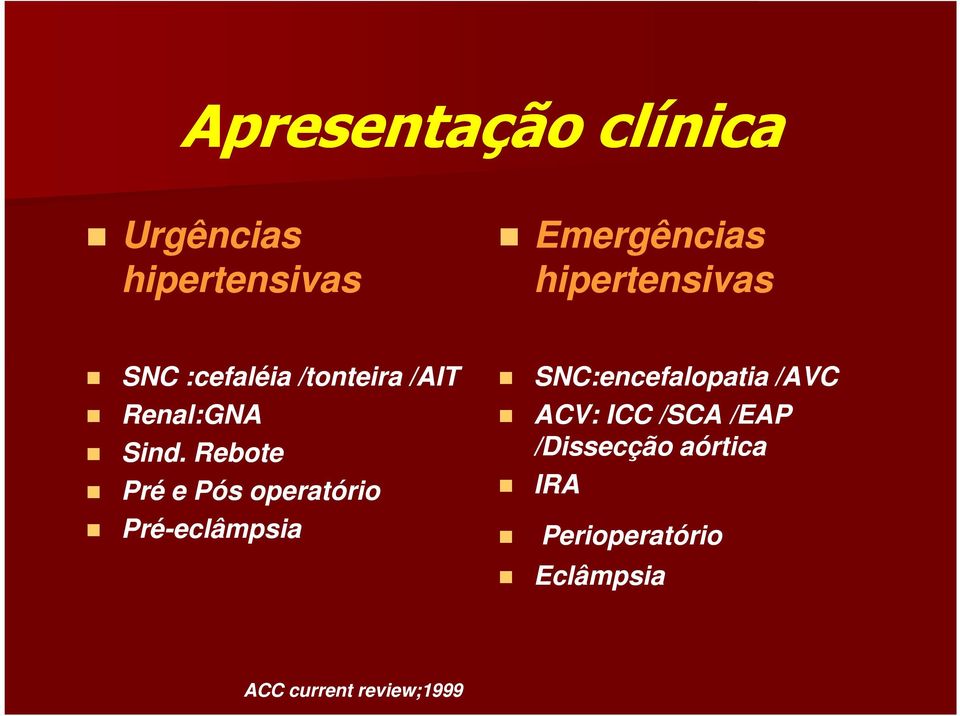 Rebote Pré e Pós operatório Pré-eclâmpsia SNC:encefalopatia /AVC