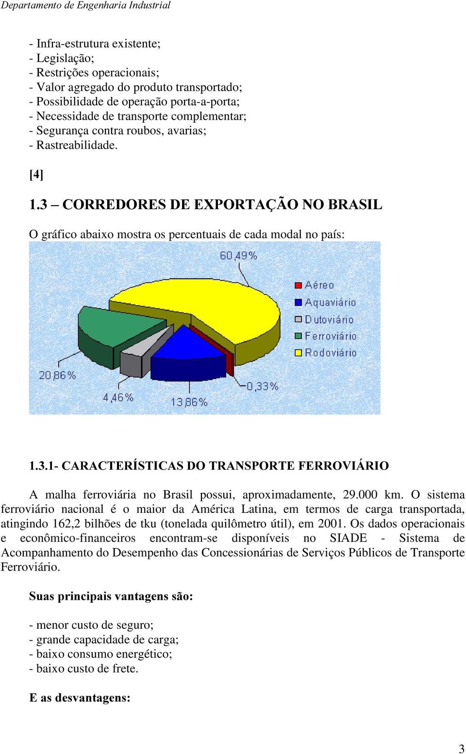 ±&255('25(6'((;3257$d 212%5$6,/ O gráfico abaixo mostra os percentuais de cada modal no país: &$5$&7(5Ë67,&$6'275$163257()(5529,È5,2 A malha ferroviária no Brasil possui, aproximadamente, 29.000 km.