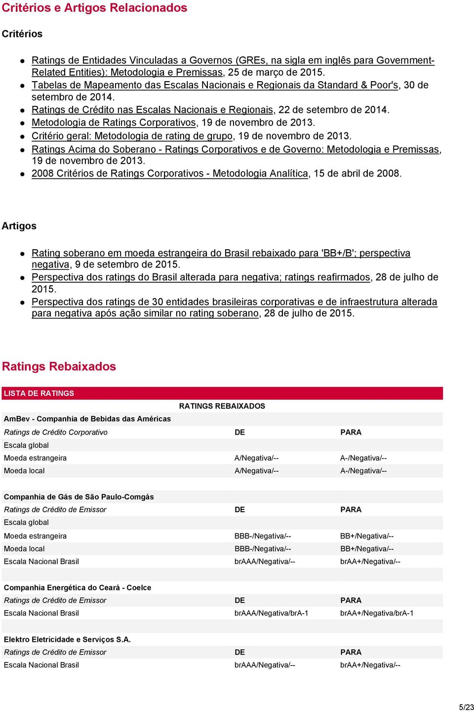 Metodologia de Ratings Corporativos, 19 de novembro de 2013. Critério geral: Metodologia de rating de grupo, 19 de novembro de 2013.