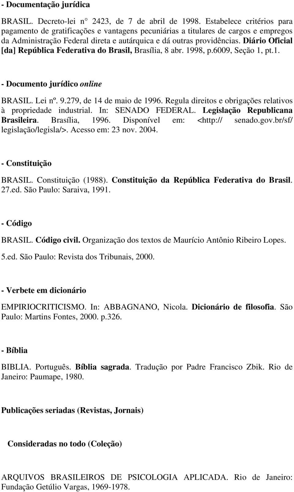 Diário Oficial [da] República Federativa do Brasil, Brasília, 8 abr. 1998, p.6009, Seção 1, pt.1. - Documento jurídico online BRASIL. Lei nº. 9.279, de 14 de maio de 1996.