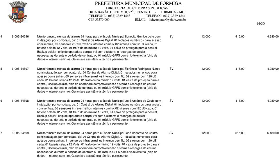 selada 12 Volts, 01 trafo de no mínimo 12 volts, 01 caixa de proteção para a central, Backup celular, chip de operadora compatível com o sistema e recargas de celular necessárias durante o período de