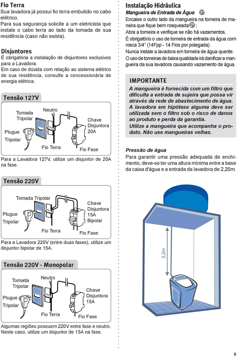 Tensão 127V Plugue Tripolar Tomada Tripolar Neutro Fio Terra Chave Disjuntora 20A Fio Fase Para a Lavadora 127V, utilize um disjuntor de 20A na fase.