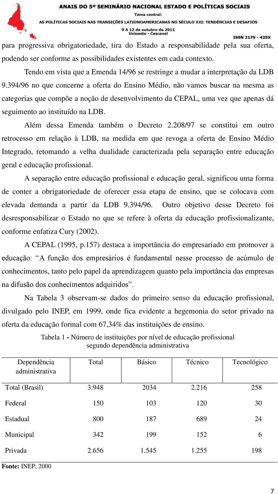 394/96 no que concerne a oferta do Ensino Médio, não vamos buscar na mesma as categorias que compõe a noção de desenvolvimento da CEPAL, uma vez que apenas dá seguimento ao instituído na LDB.