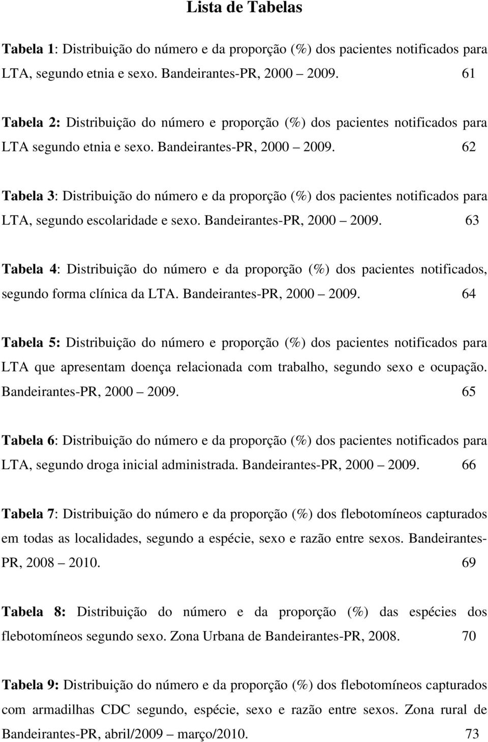 62 Tabela 3: Distribuição do número e da proporção (%) dos pacientes notificados para LTA, segundo escolaridade e sexo. Bandeirantes-PR, 2000 2009.