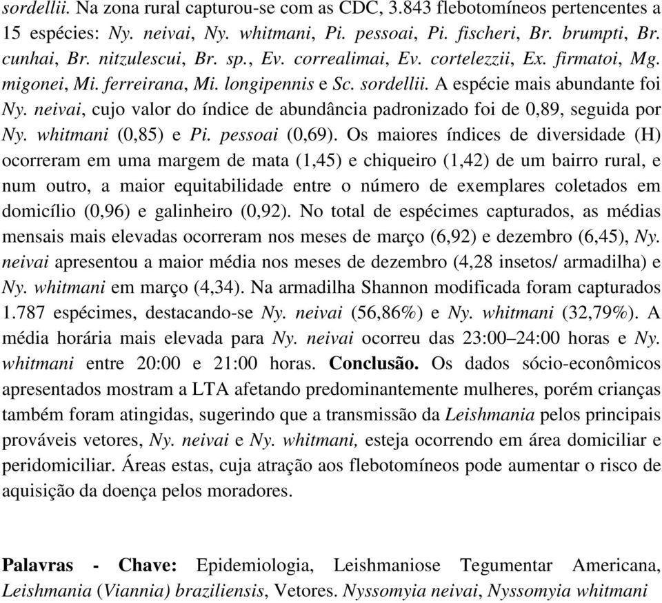 neivai, cujo valor do índice de abundância padronizado foi de 0,89, seguida por Ny. whitmani (0,85) e Pi. pessoai (0,69).