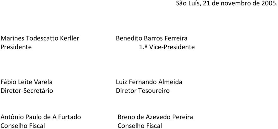 º Vice-Presidente Fábio Leite Varela Diretor-Secretário Luiz Fernando