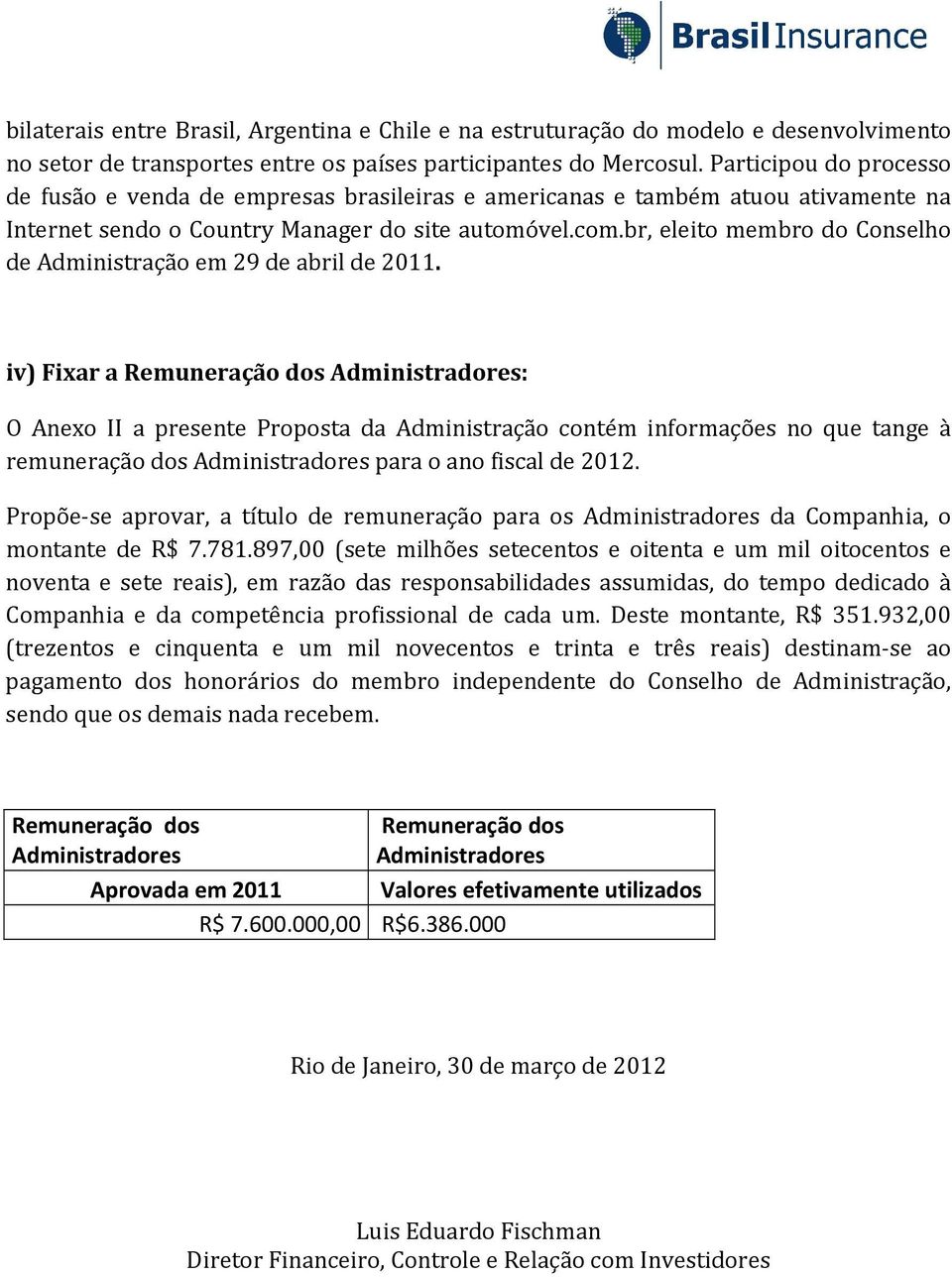 br, eleito membro do Conselho de Administração em 29 de abril de 2011.