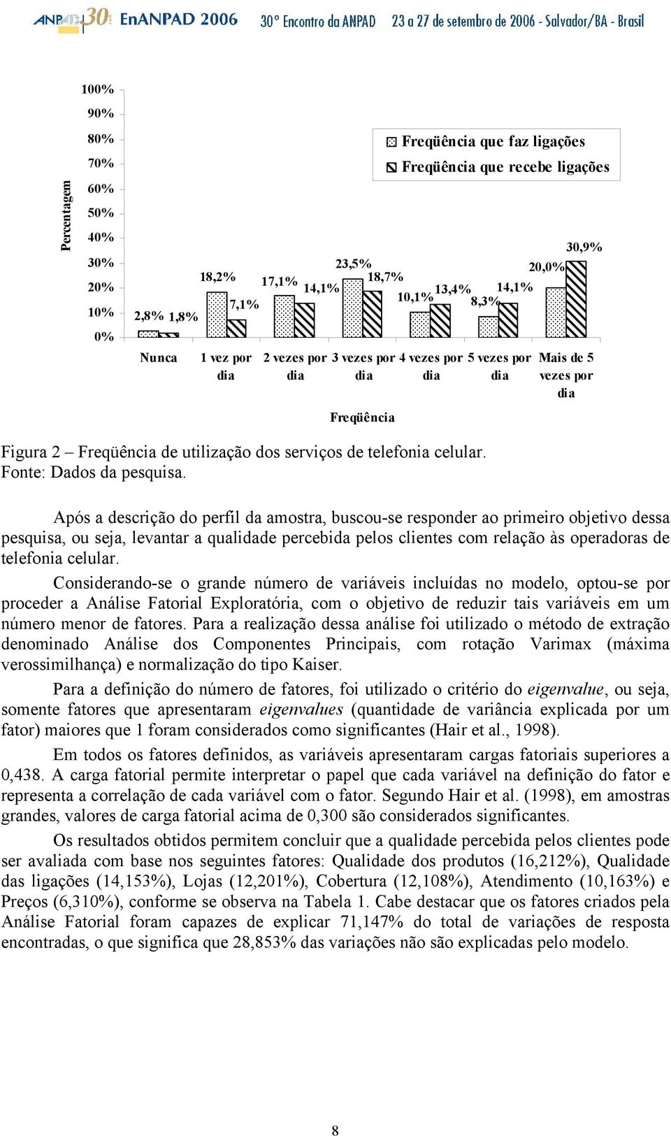 Após a descrição do perfil da amostra, buscou-se responder ao primeiro objetivo dessa pesquisa, ou seja, levantar a qualidade percebida pelos clientes com relação às operadoras de telefonia celular.