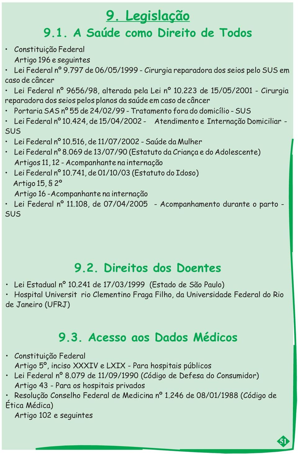 223 de 15/05/2001 - Cirurgia reparadora dos seios pelos planos da saúde em caso de câncer Portaria SAS nº 55 de 24/02/99 - Tratamento fora do domicílio - SUS Lei Federal nº 10.