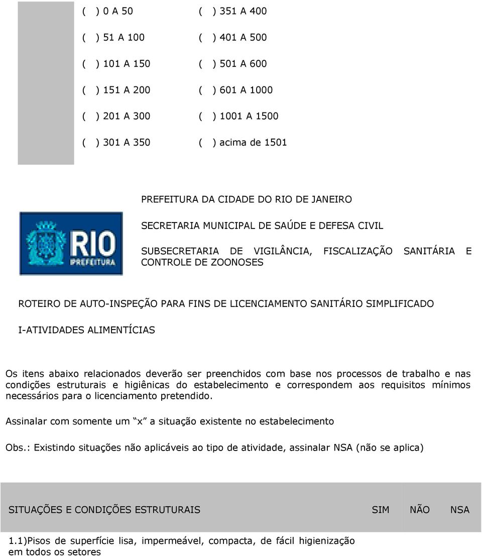 SIMPLIFICADO I-ATIVIDADES ALIMENTÍCIAS Os itens abaixo relacionados deverão ser preenchidos com base nos processos de trabalho e nas condições estruturais e higiênicas do estabelecimento e