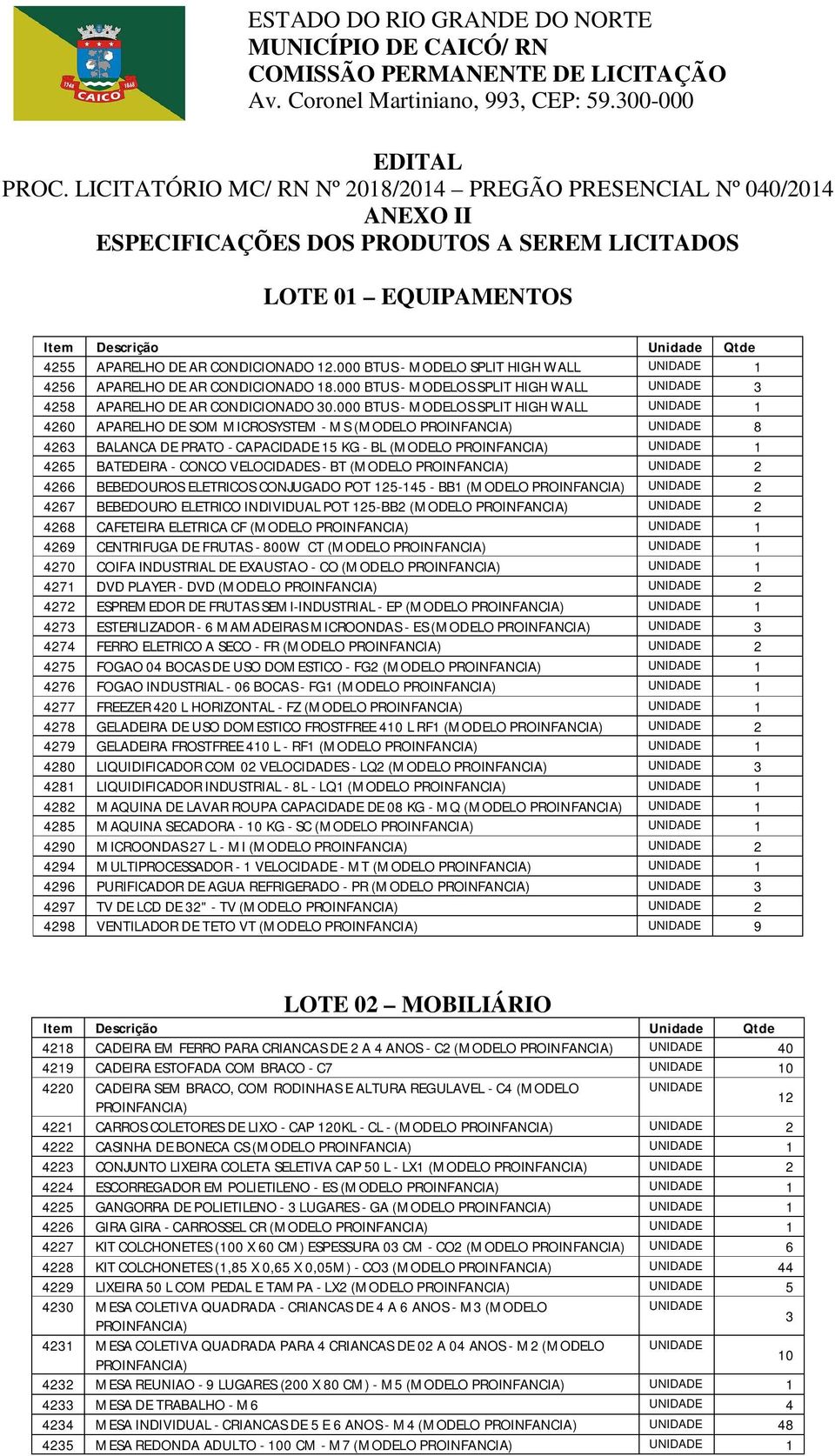 000 BTUS - MODELOS SPLIT HIGH WALL UNIDADE 1 4260 APARELHO DE SOM MICROSYSTEM - MS (MODELO PROINFANCIA) UNIDADE 8 4263 BALANCA DE PRATO - CAPACIDADE 15 KG - BL (MODELO PROINFANCIA) UNIDADE 1 4265