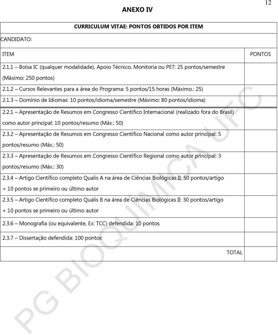 : 50) 2.3.2 Apresentação de Resumos em Congresso Científico Nacional como autor principal: 5 pontos/resumo (Máx.: 50) 2.3.3 Apresentação de Resumos em Congresso Científico Regional como autor principal: 3 pontos/resumo (Máx.