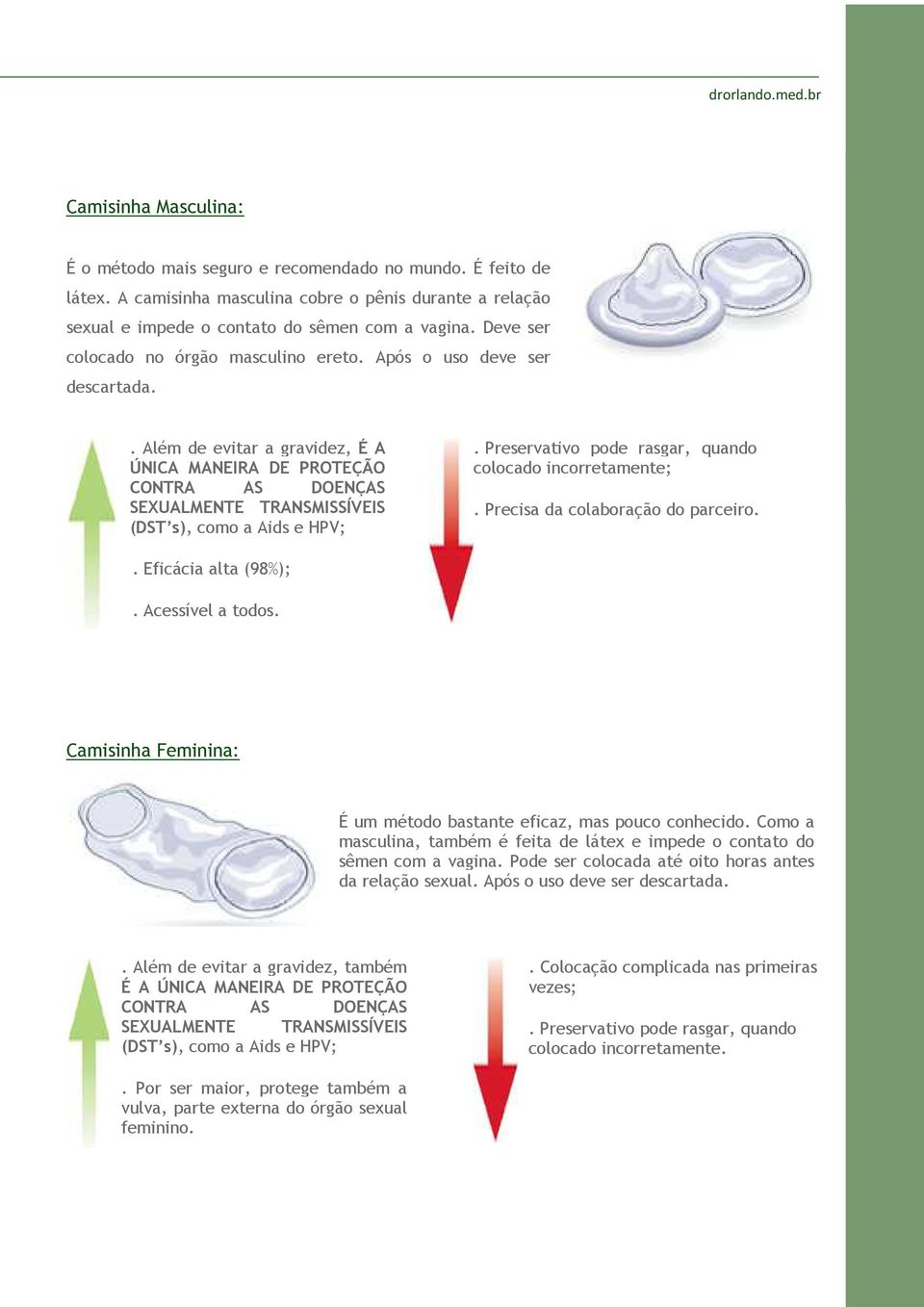 Preservativo pode rasgar, quando colocado incorretamente;. Precisa da colaboração do parceiro.. Eficácia alta (98%);. Acessível a todos.