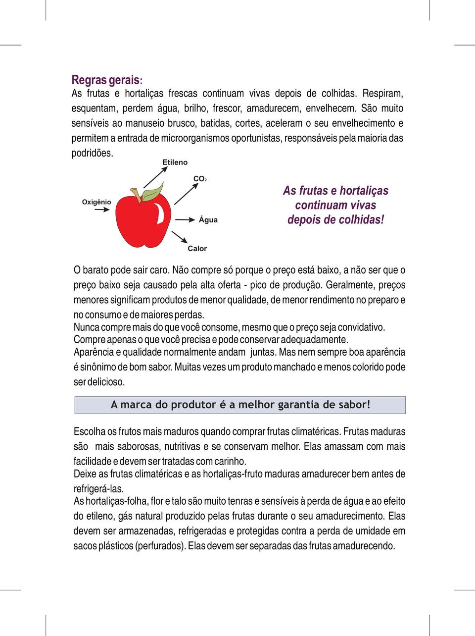 Etileno nha, ula, Oxigênio CO2 Água As frutas e hortaliças continuam vivas depois de colhidas! Calor, a, ino,, lsa, O barato pode sair caro.