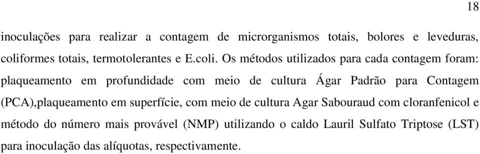 Os métodos utilizados para cada contagem foram: plaqueamento em profundidade com meio de cultura Ágar Padrão para