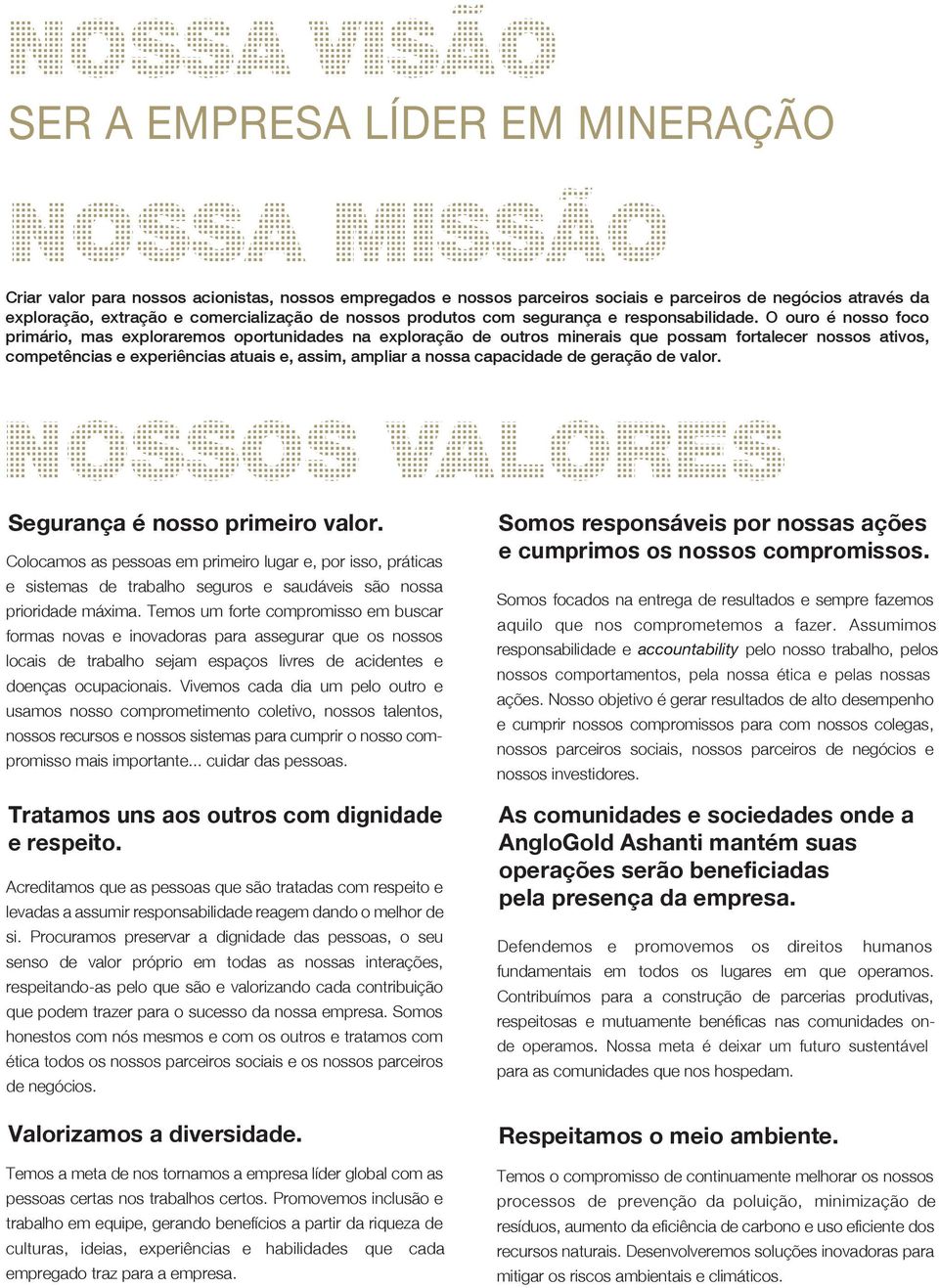 O ouro é nosso foco primário, mas exploraremos oportunidades na exploração de outros minerais que possam fortalecer nossos ativos, competências e experiências atuais e, assim, ampliar a nossa